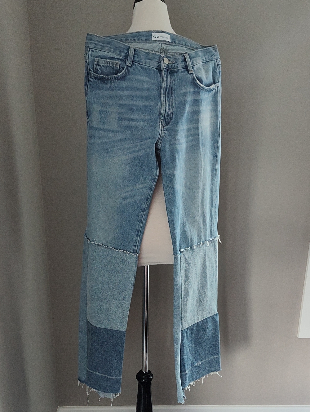 Zara Light Blue Patchwork Distressed Frayed-Hem Jeans